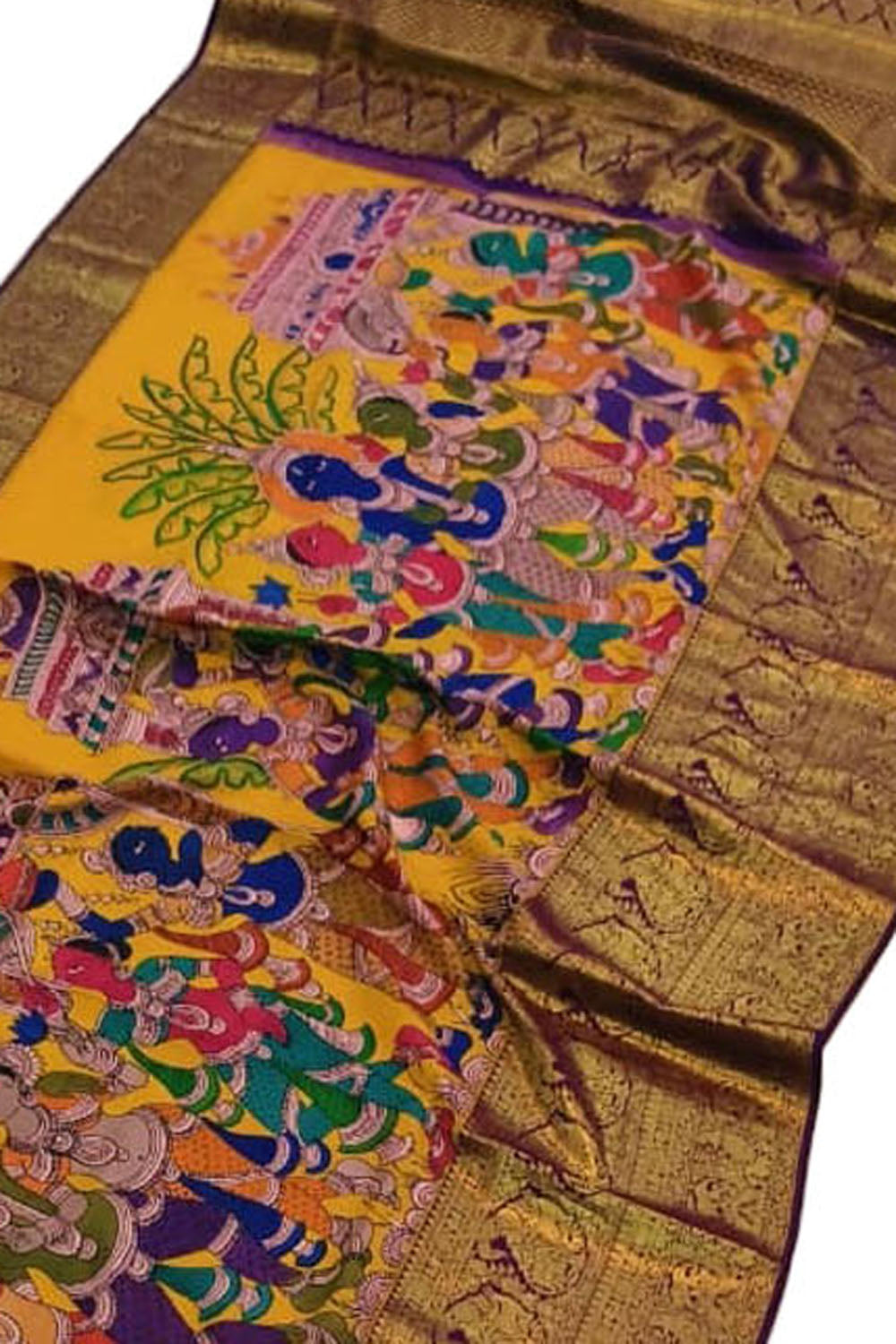 Yellow Kanjeevaram Silk Saree Hand Painted Kalamkari Heritage