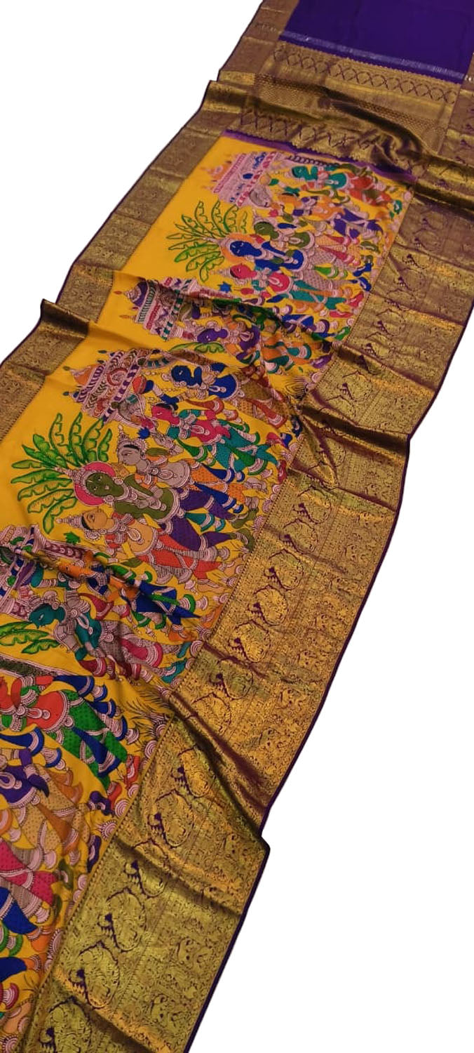 Yellow Kanjeevaram Silk Saree Hand Painted Kalamkari Heritage
