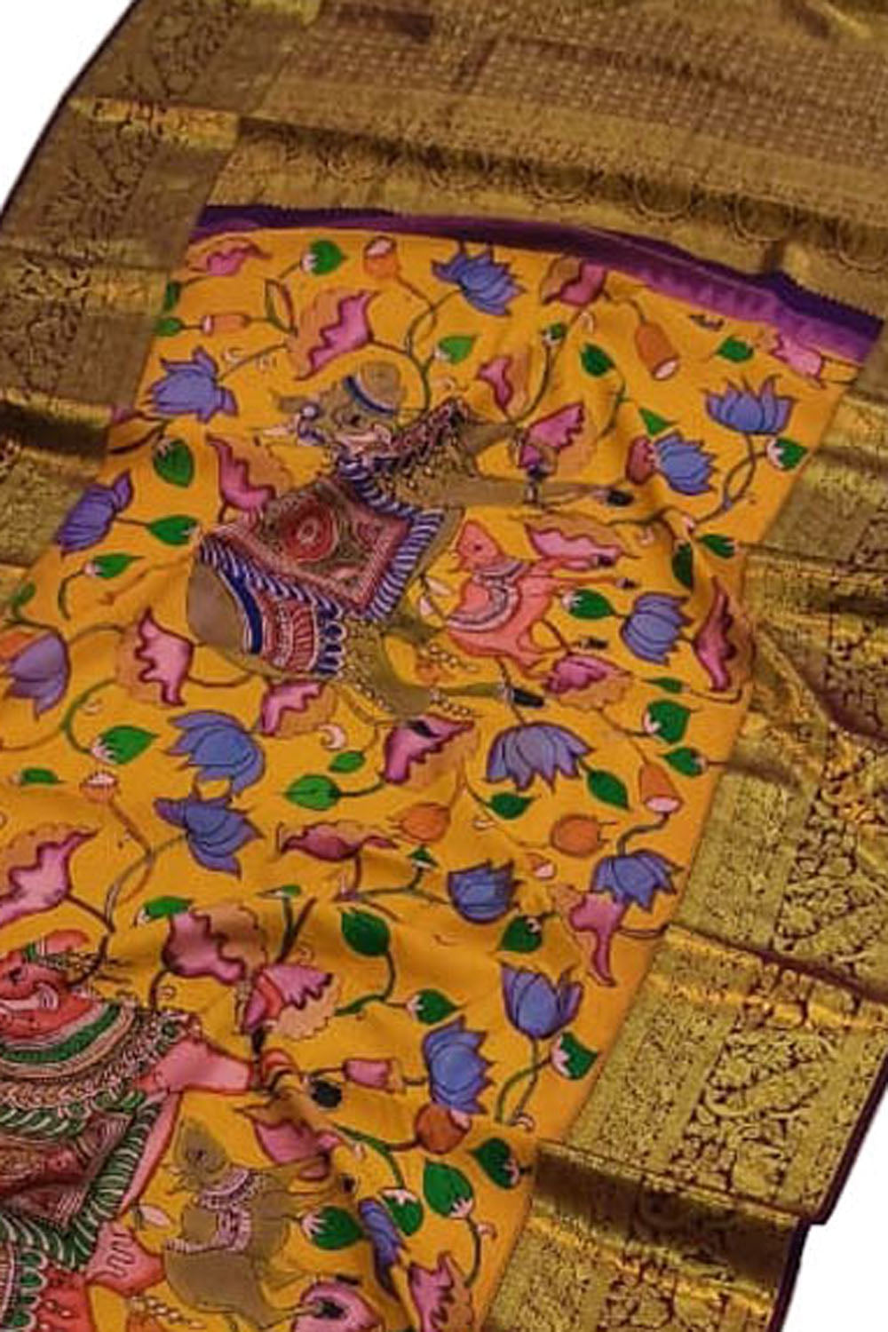 Yellow Kanjeevaram Pure Silk Saree Hand Painted Kalamkari Artisan