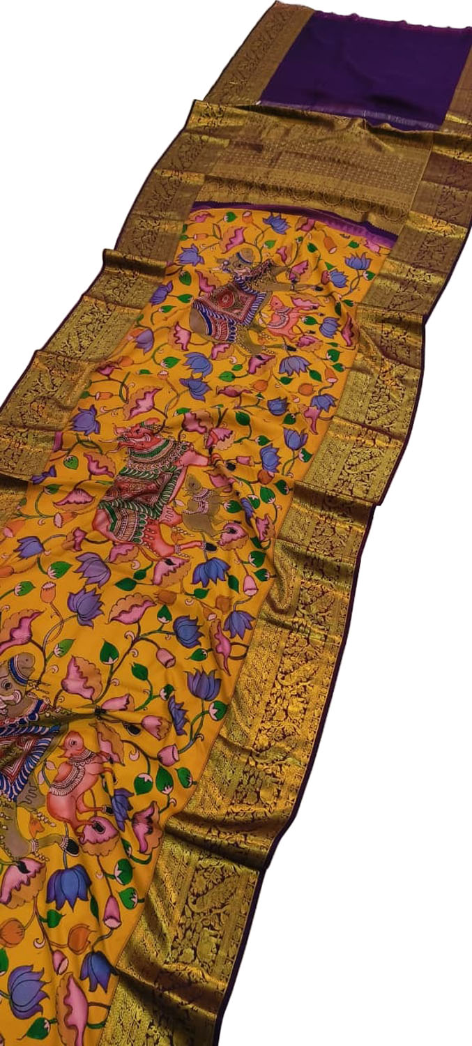 Yellow Kanjeevaram Pure Silk Saree Hand Painted Kalamkari Artisan
