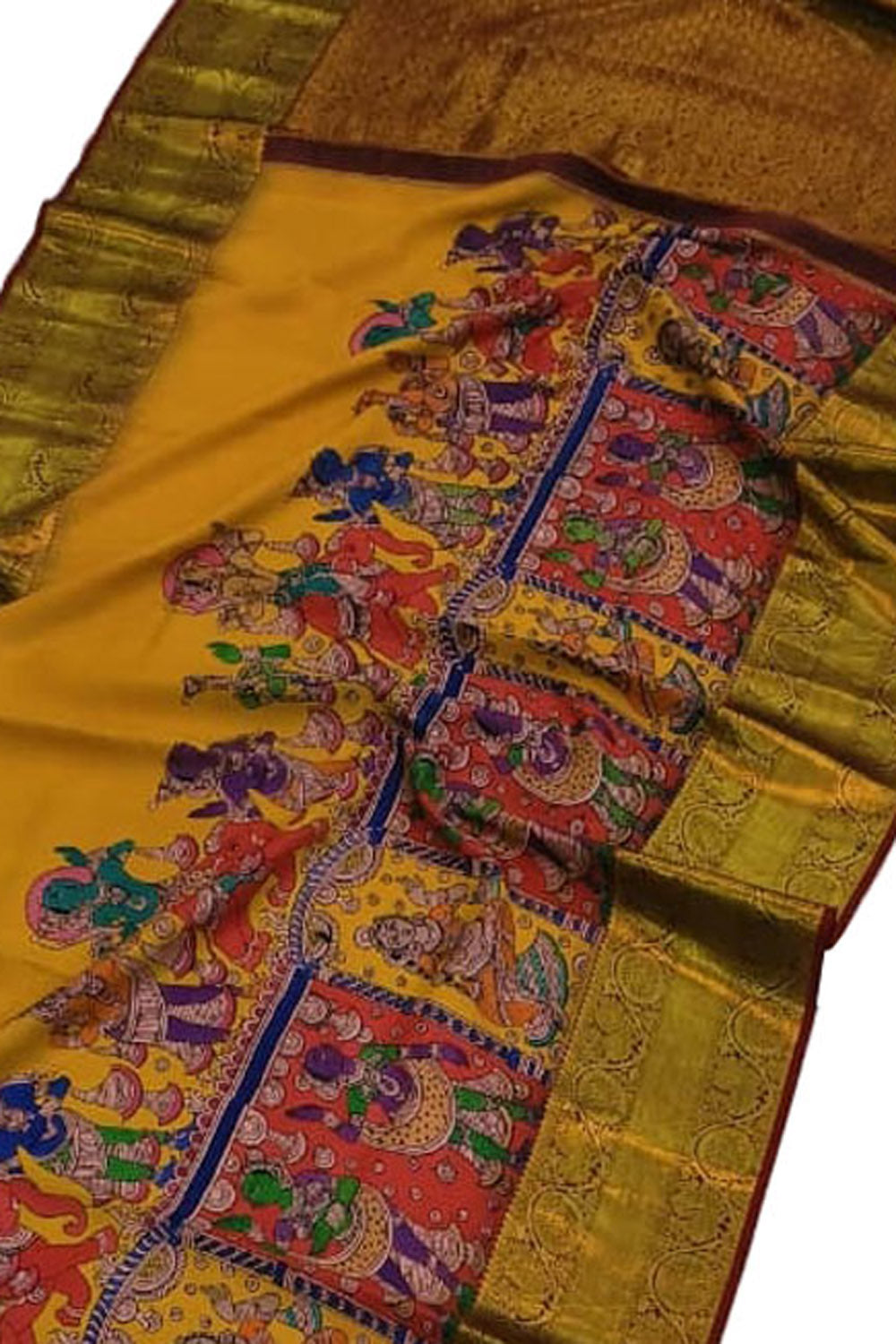 Yellow Kanjeevaram Pure Silk Saree Hand Painted Kalamkari Heirloom