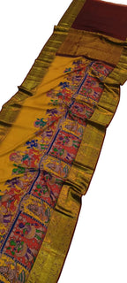 Yellow Kanjeevaram Pure Silk Saree Hand Painted Kalamkari Heirloom