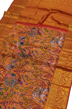 Yellow Kanjeevaram Pure Silk Saree Hand Painted Kalamkari Luxury
