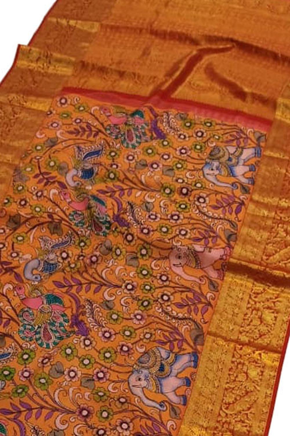 Yellow Kanjeevaram Pure Silk Saree Hand Painted Kalamkari Luxury