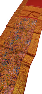 Yellow Kanjeevaram Pure Silk Saree Hand Painted Kalamkari Luxury