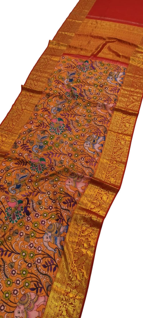 Yellow Kanjeevaram Pure Silk Saree Hand Painted Kalamkari Luxury