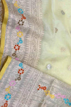 Yellow Pure Kora Tissue Banarasi Handloom Meenakari Weaved Saree