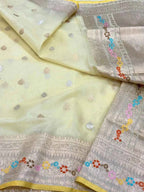 Yellow Pure Kora Tissue Banarasi Handloom Meenakari Weaved Saree