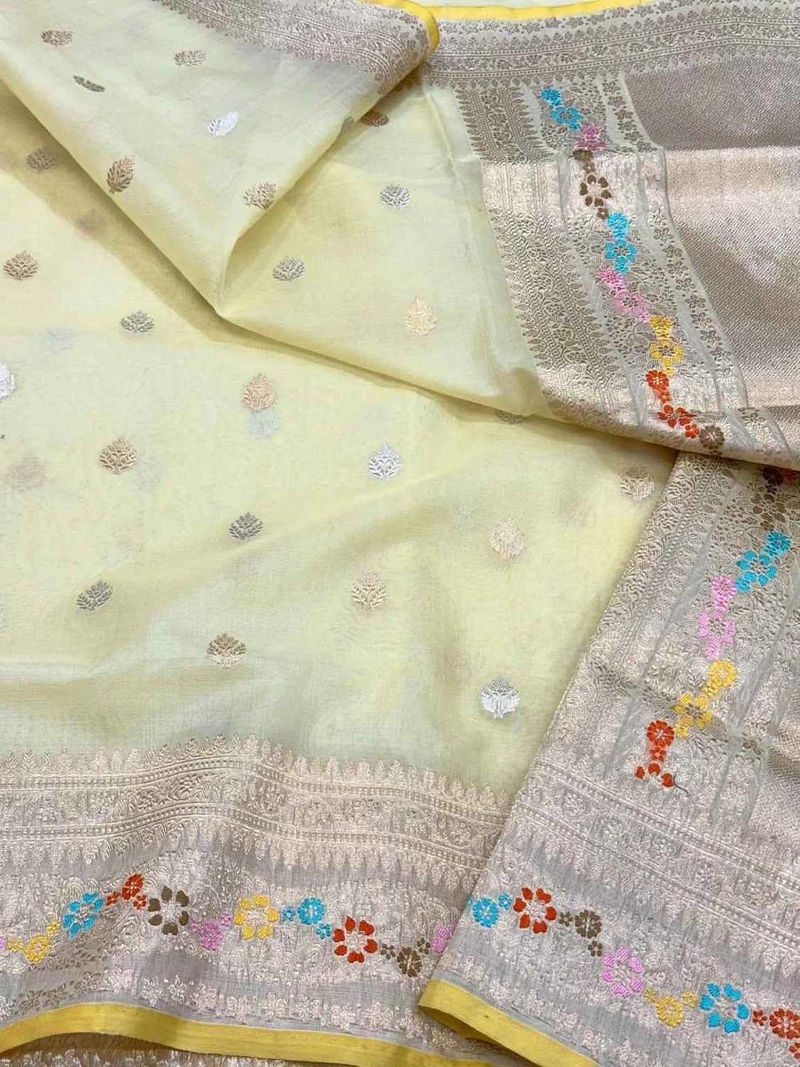 Yellow Pure Kora Tissue Banarasi Handloom Meenakari Weaved Saree