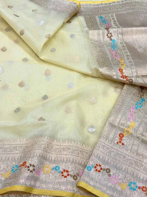 Yellow Banarasi Pure Kora Tissue Handloom Saree Meenakari