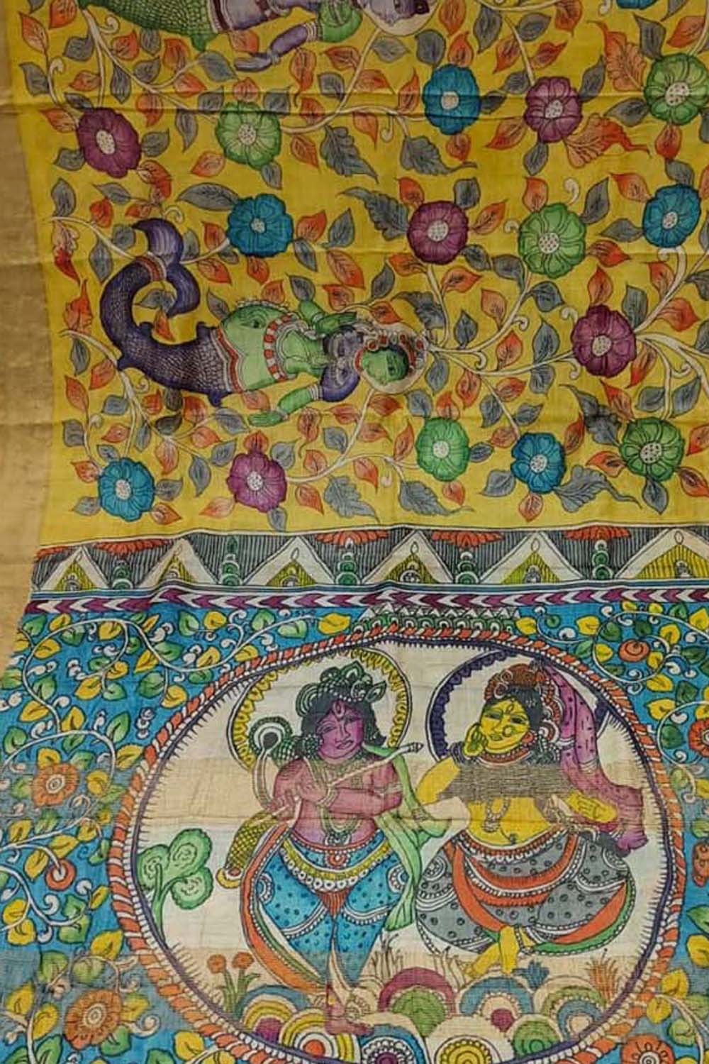 Yellow Pure Tussar Silk Hand Painted Kalamkari Saree