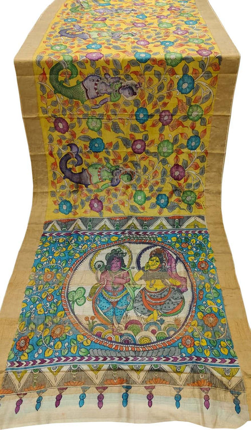 Yellow Pure Tussar Silk Hand Painted Kalamkari Saree