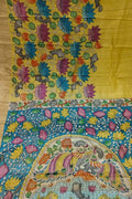 Yellow Pure Tussar Silk Hand Painted Kalamkari Saree