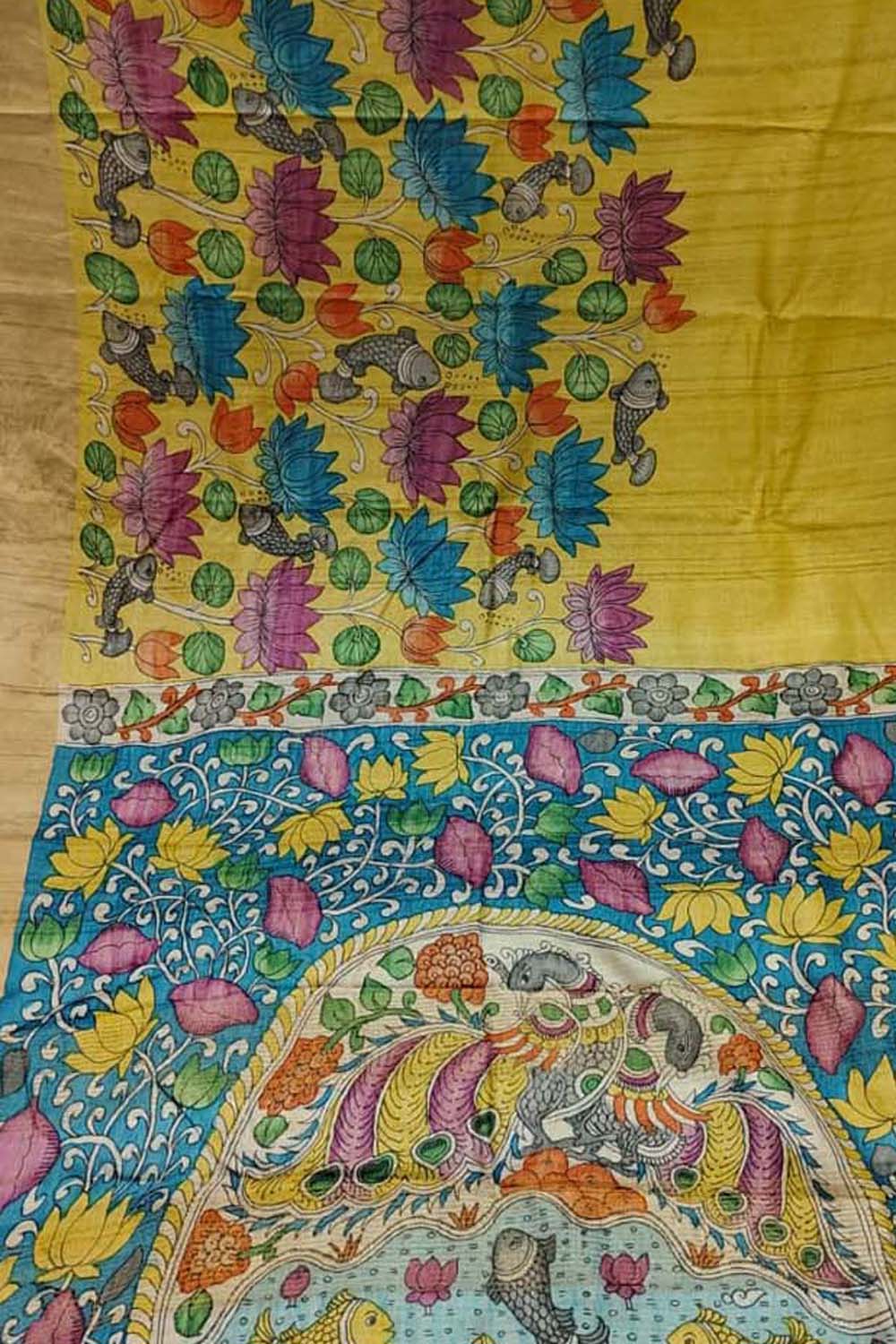 Yellow Pure Tussar Silk Hand Painted Kalamkari Saree
