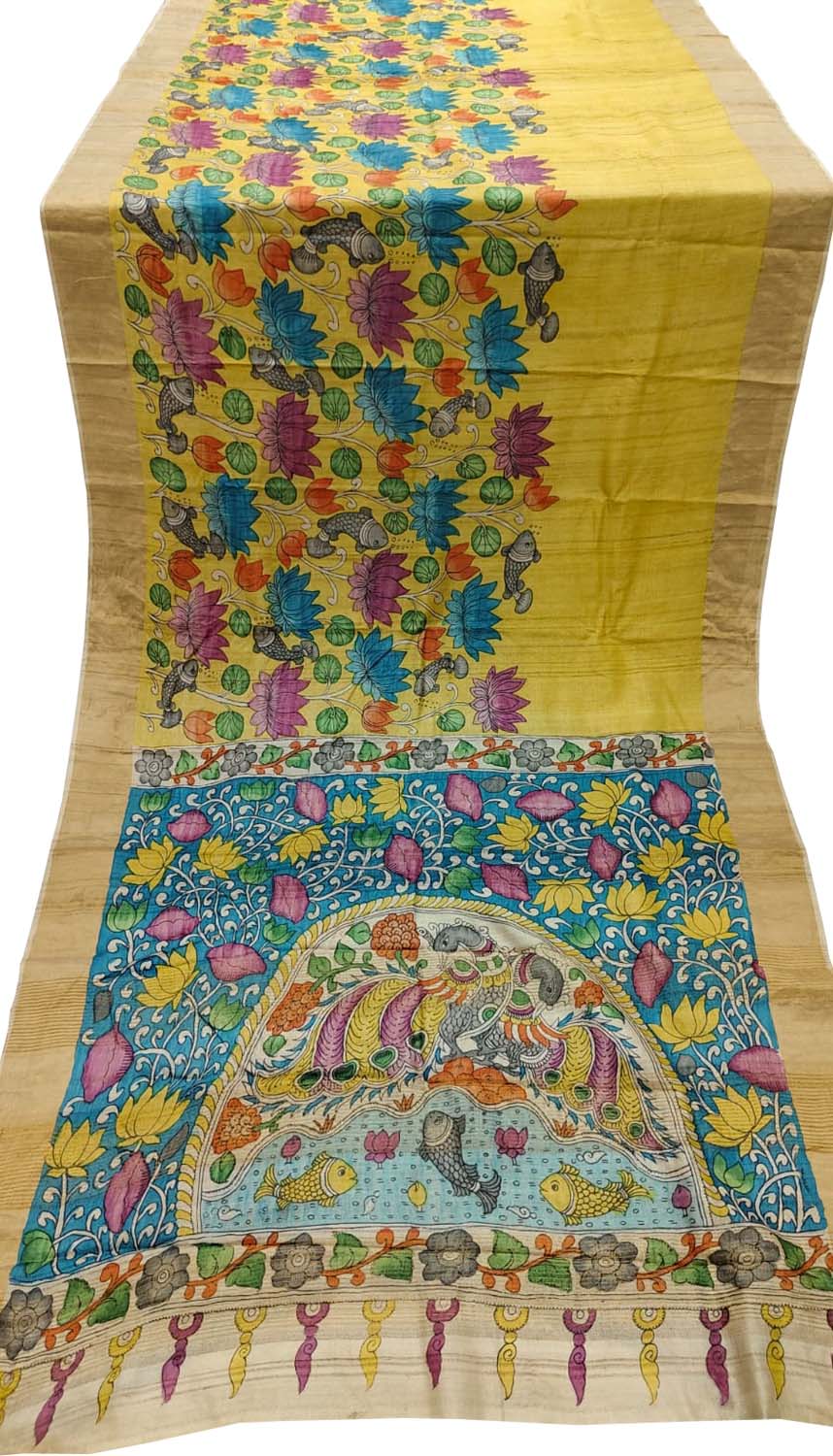 Yellow Pure Tussar Silk Hand Painted Kalamkari Saree