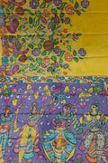 Yellow Pure Tussar Silk Hand Painted Kalamkari Saree