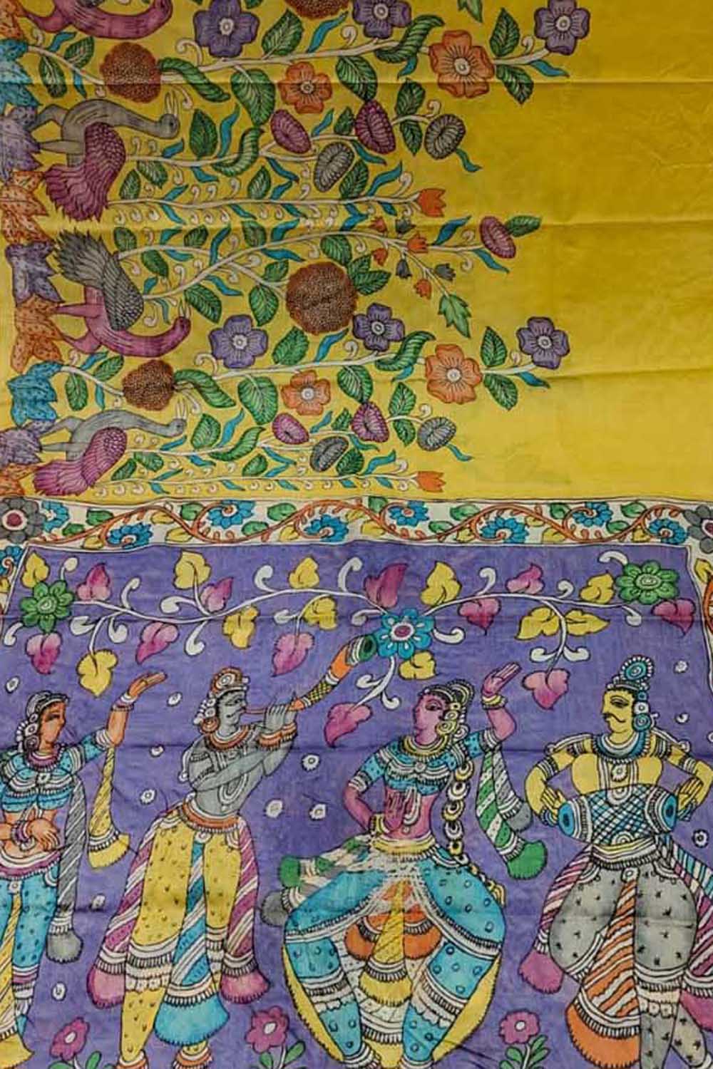 Yellow Pure Tussar Silk Hand Painted Kalamkari Saree