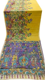 Yellow Pure Tussar Silk Hand Painted Kalamkari Saree