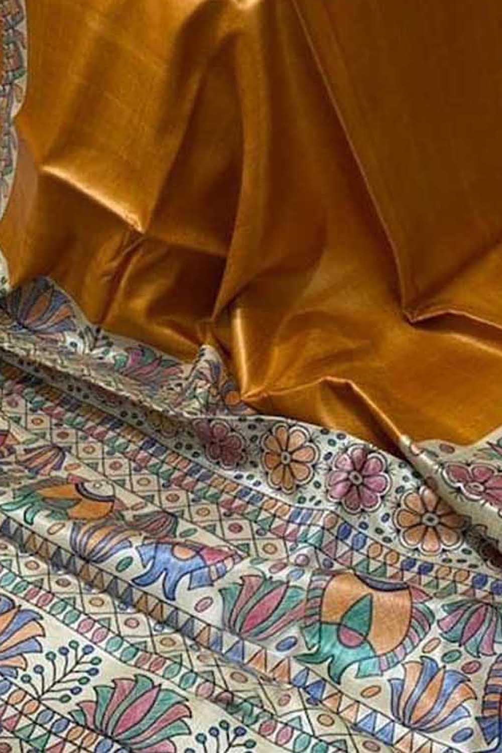 Yellow Pure Tussar Silk Hand Painted Madhubani Saree
