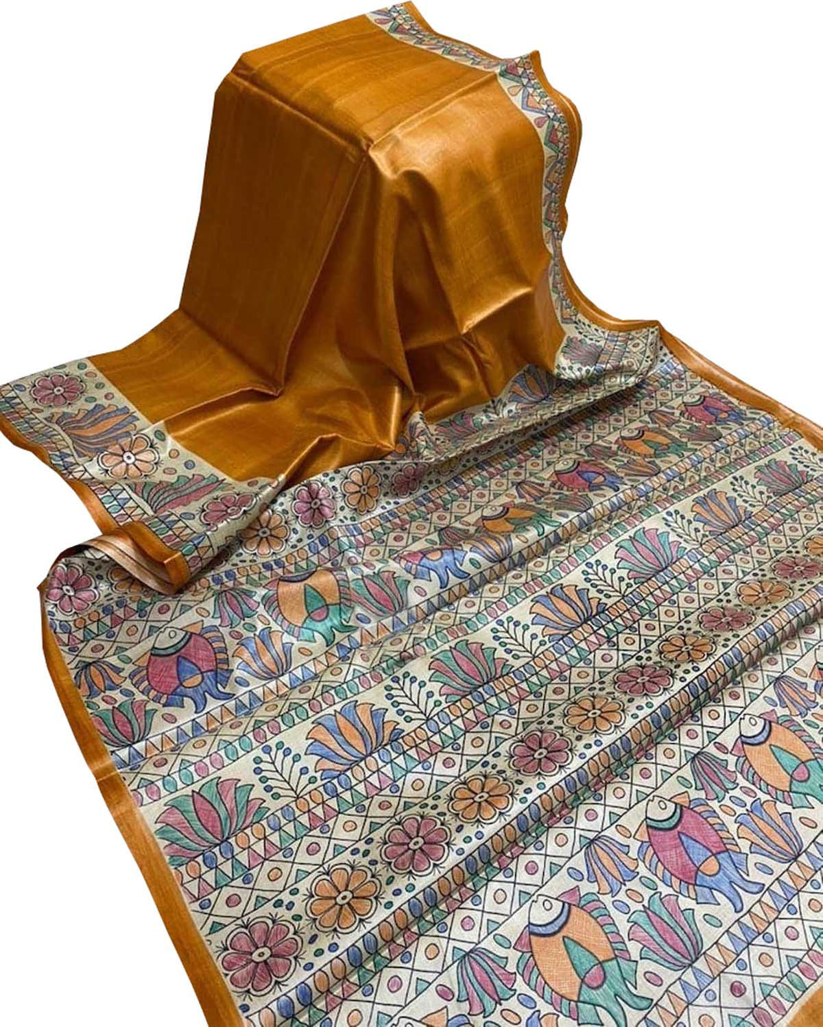 Yellow Pure Tussar Silk Hand Painted Madhubani Saree