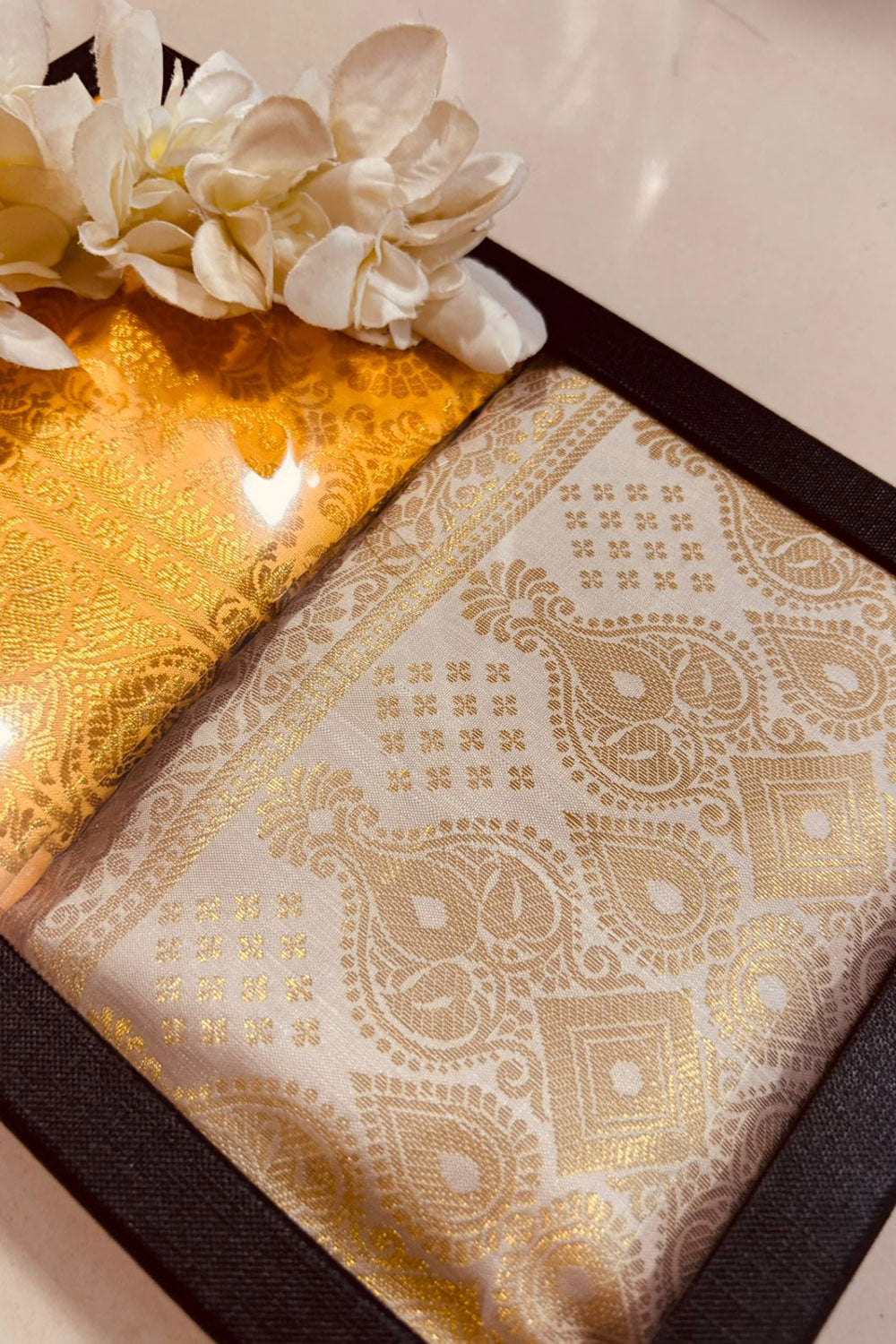 Premium Yellow and White Banarasi Silk Fashion Stole Gift Set of Two Stylish Wrap for Festive | College | Casual | Night Parties - Luxurion World