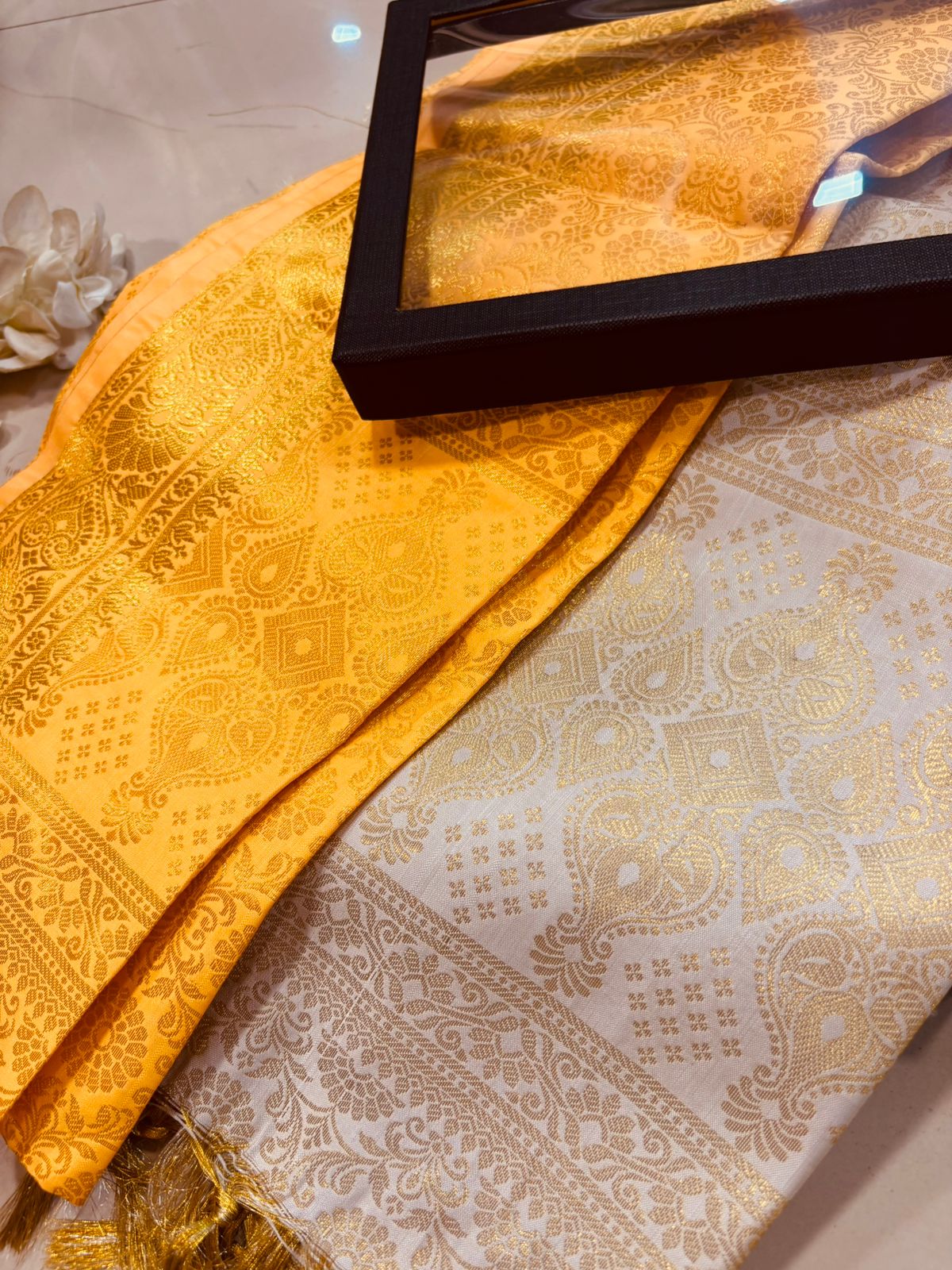 Premium Yellow and White Banarasi Silk Fashion Stole Gift Set of Two Stylish Wrap for Festive | College | Casual | Night Parties - Luxurion World