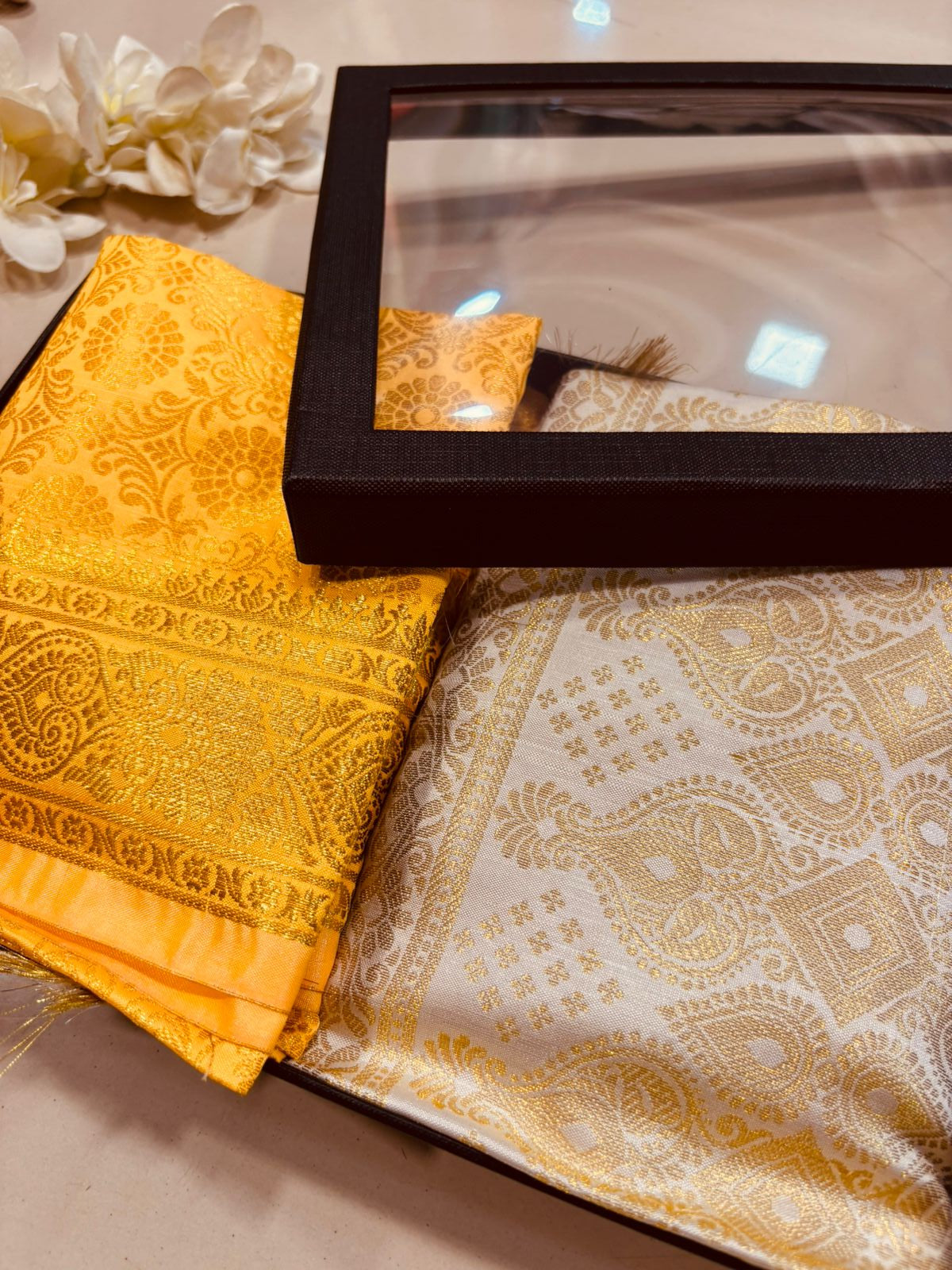 Premium Yellow and White Banarasi Silk Fashion Stole Gift Set of Two Stylish Wrap for Festive | College | Casual | Night Parties - Luxurion World
