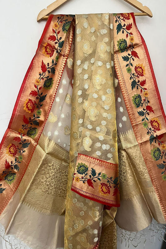 Elegant Pastel Banarasi Kota Tissue Paithani Dupatta with Design Border - Luxurion World