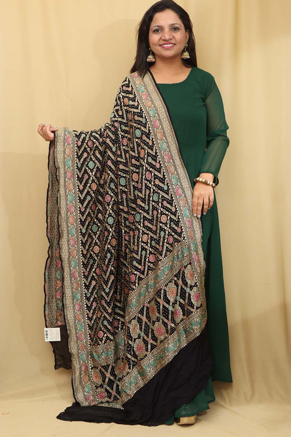 Exquisite Black Banarasi Bandhani Pure Georgette Meenakari Dupatta - Luxurion World