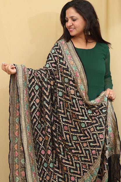 Exquisite Black Banarasi Bandhani Pure Georgette Meenakari Dupatta - Luxurion World