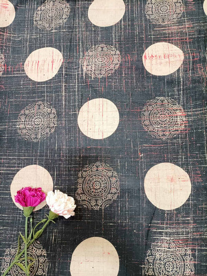 Black Block Printed Kalamkari Cotton Fabric (1 mtr) - Luxurion World