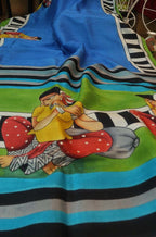 Stunning Blue Murshidabad Silk Saree with Hand Painted Design - Luxurion World