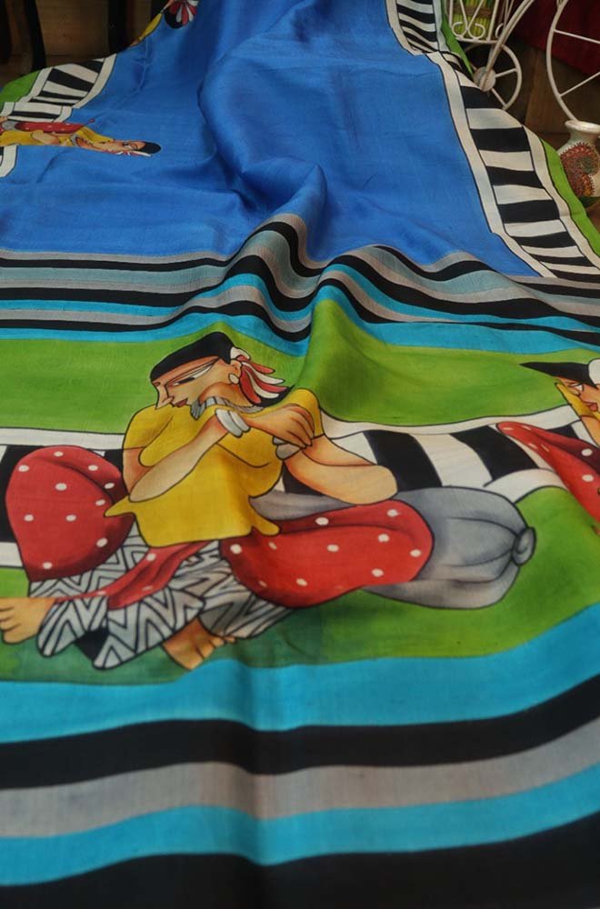 Stunning Blue Murshidabad Silk Saree with Hand Painted Design - Luxurion World