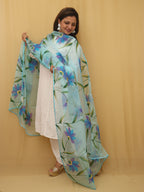 Blue Hand Painted Organza Silk Scalloped Border Dupatta - Luxurion World