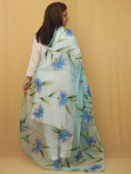 Blue Hand Painted Organza Silk Scalloped Border Dupatta - Luxurion World