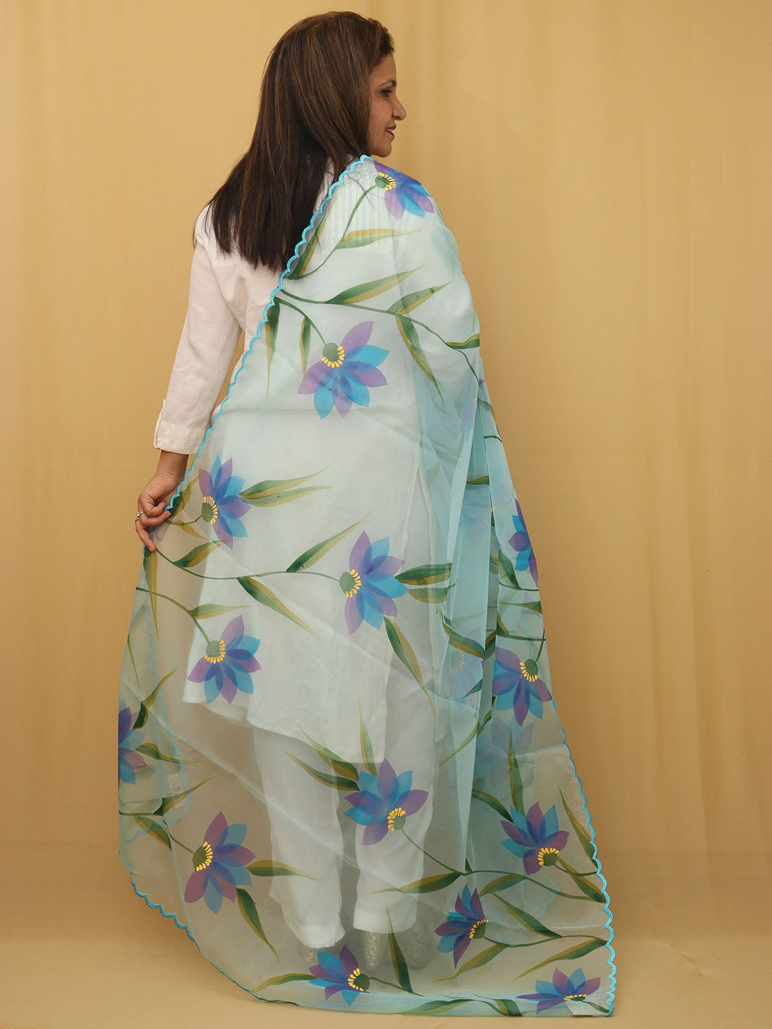 Blue Hand Painted Organza Silk Scalloped Border Dupatta - Luxurion World