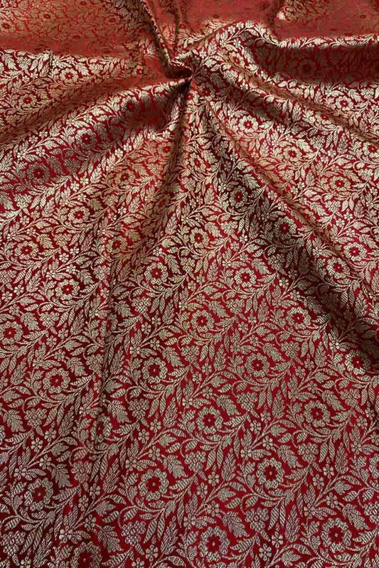 Red Banarasi Silk Satin Zari Brocade Fabric ( 2.5 Mtr ) - Luxurion World