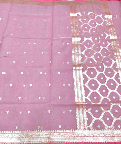 Pink Handloom Banarasi Pure Cotton Kadwa Booti Design Saree