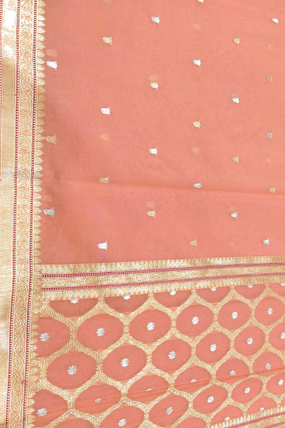 Peach Handloom Banarasi Pure Cotton Kadwa Booti Design Saree