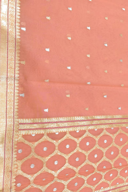 Peach Handloom Banarasi Pure Cotton Kadwa Booti Design Saree