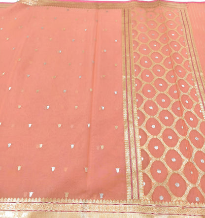 Peach Handloom Banarasi Pure Cotton Kadwa Booti Design Saree