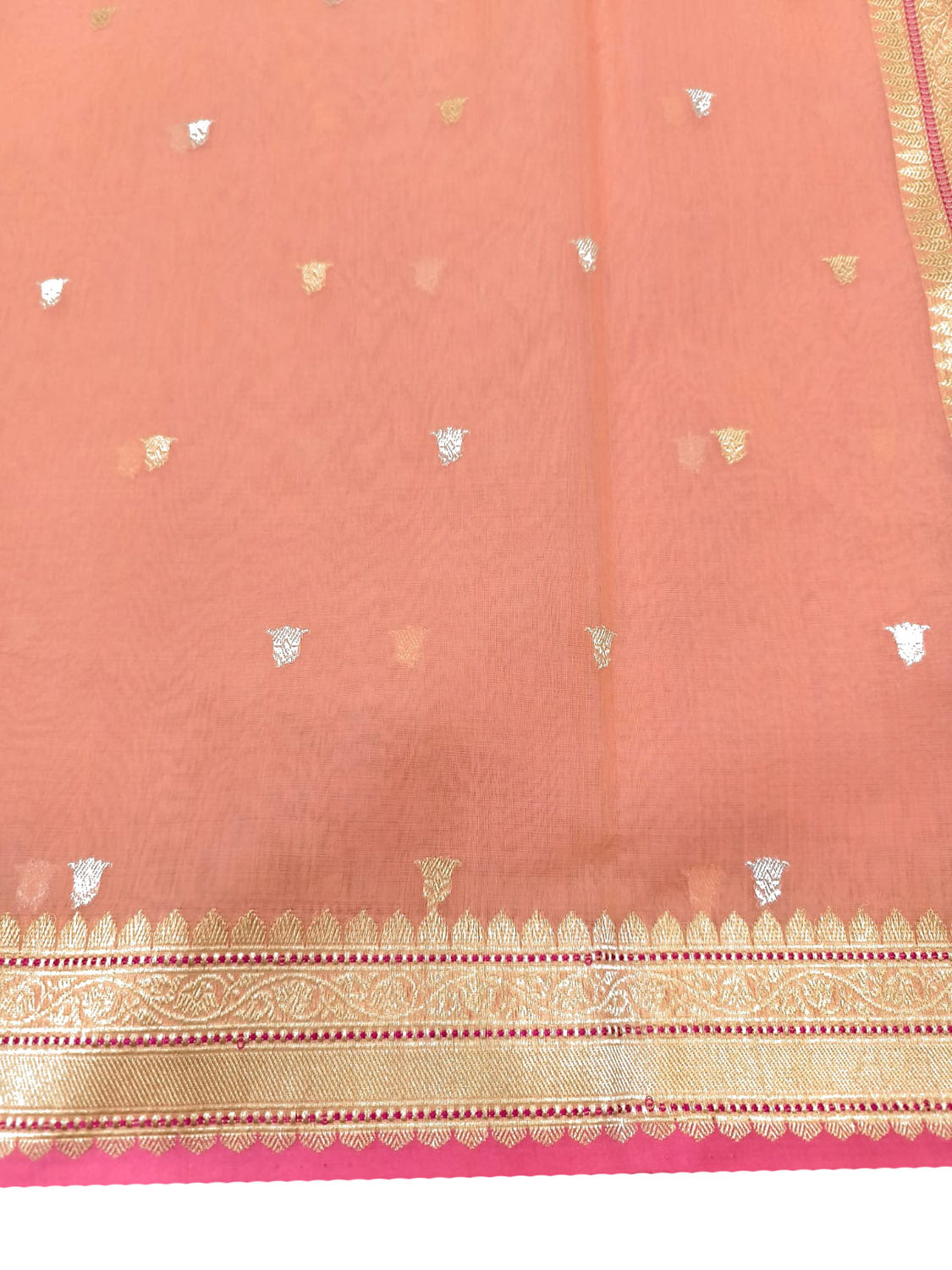 Peach Handloom Banarasi Pure Cotton Kadwa Booti Design Saree