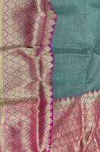 Grey Checks Handloom Banarasi Pure Kora Silk Saree - Luxurion World