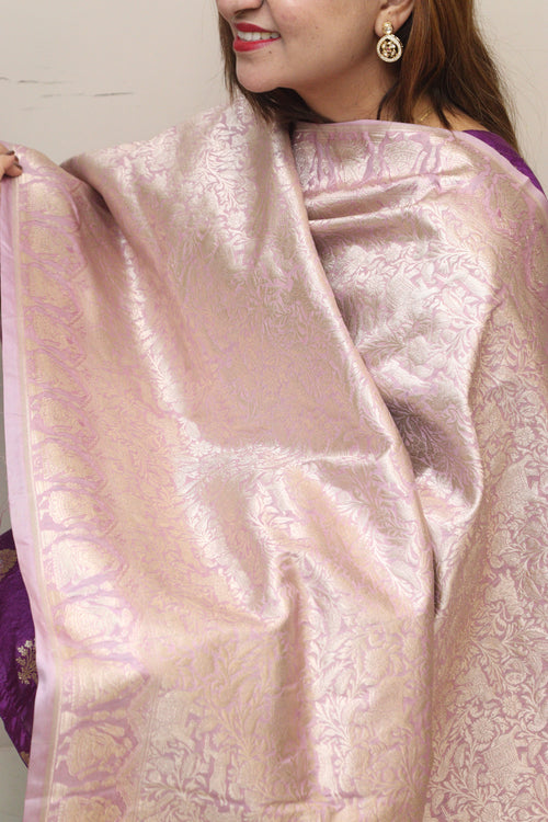 Stunning Purple Banarasi Silk Shikargah & Flower Design Dupatta - Luxurion World- Crafted Heirlooms