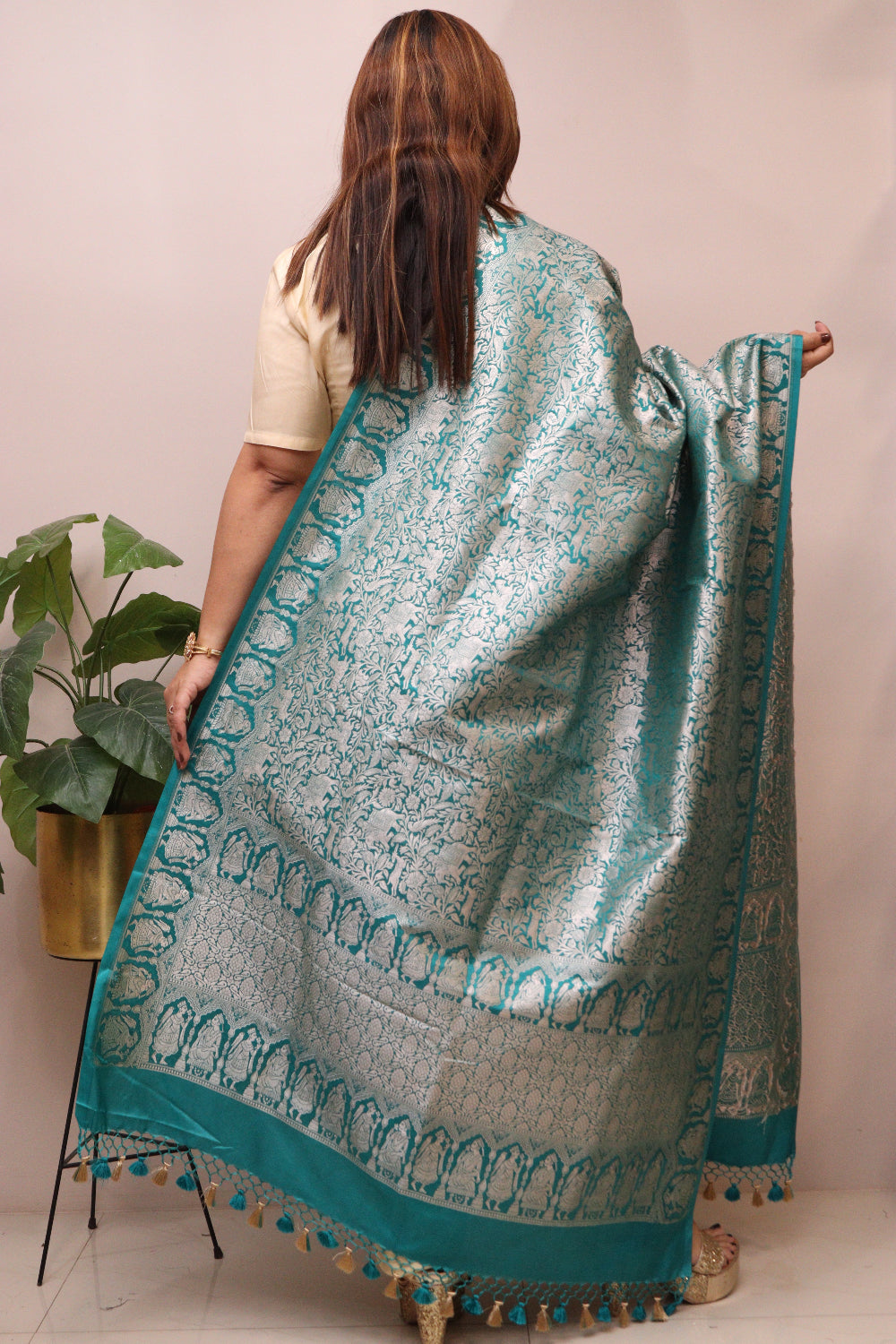 Teal Blue Banarasi Silk Shikargah & Flower Design Dupatta - Luxurion World- Crafted Heirlooms