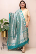 Teal Blue Banarasi Silk Shikargah & Flower Design Dupatta - Luxurion World- Crafted Heirlooms