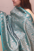 Teal Blue Banarasi Silk Shikargah & Flower Design Dupatta - Luxurion World- Crafted Heirlooms