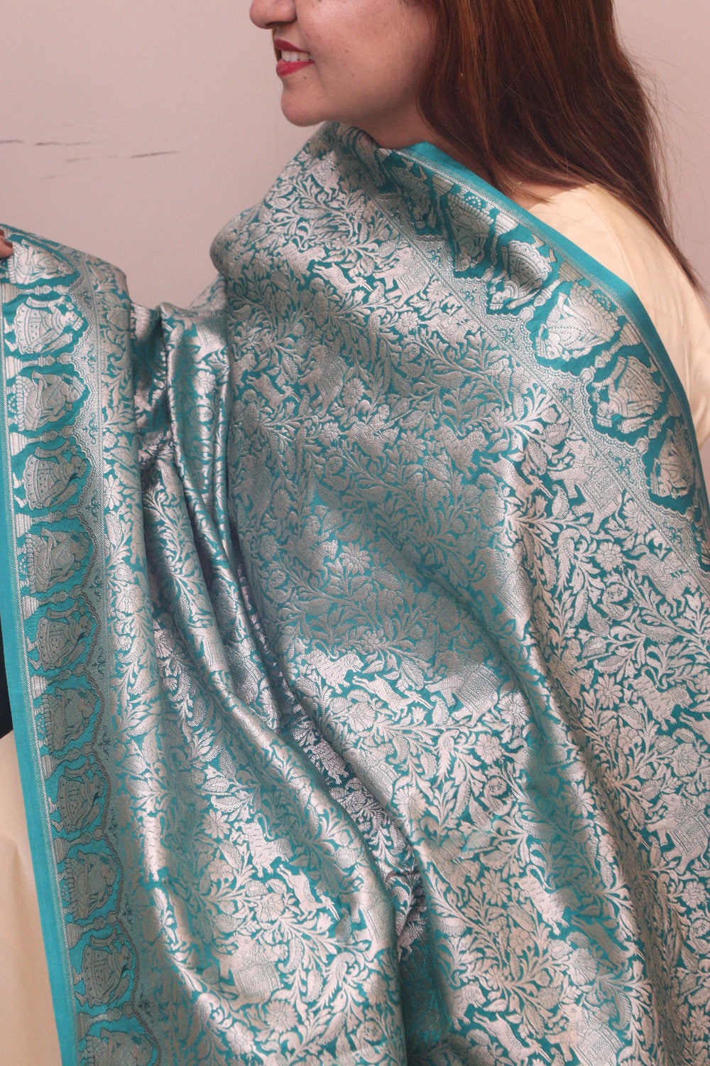 Teal Blue Banarasi Silk Shikargah & Flower Design Dupatta - Luxurion World- Crafted Heirlooms