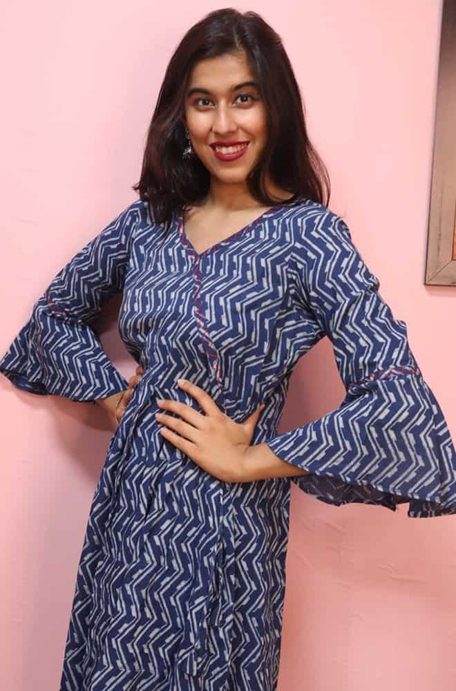 Indigo Cotton Angrakha Style Stitched Kurta - Luxurion World