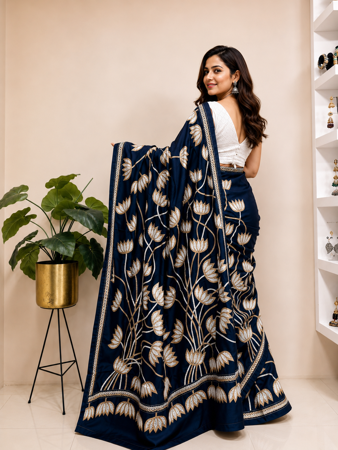Blue Hand Embroidered Kantha Pure Bangalore Silk Saree